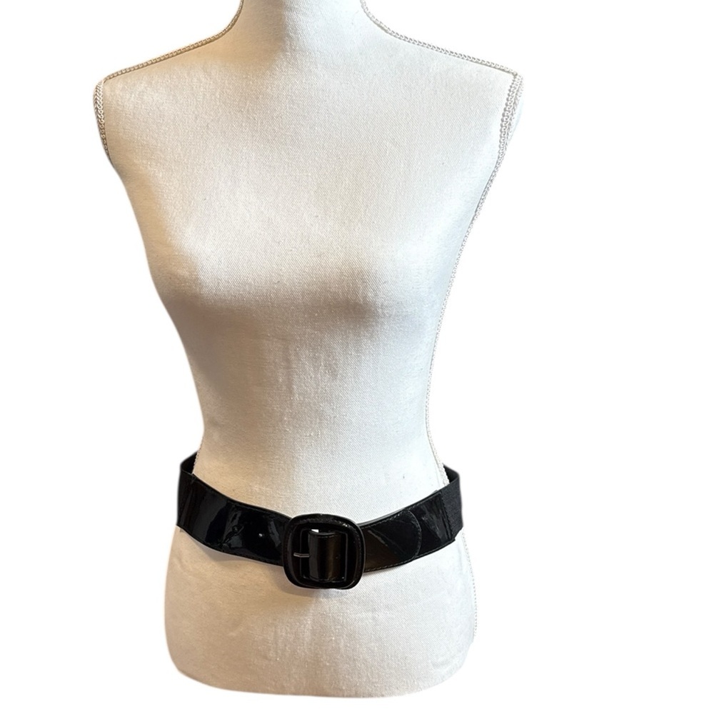 Black Glossy Stretch Belt Large Buckle Waist Cinch Size Large